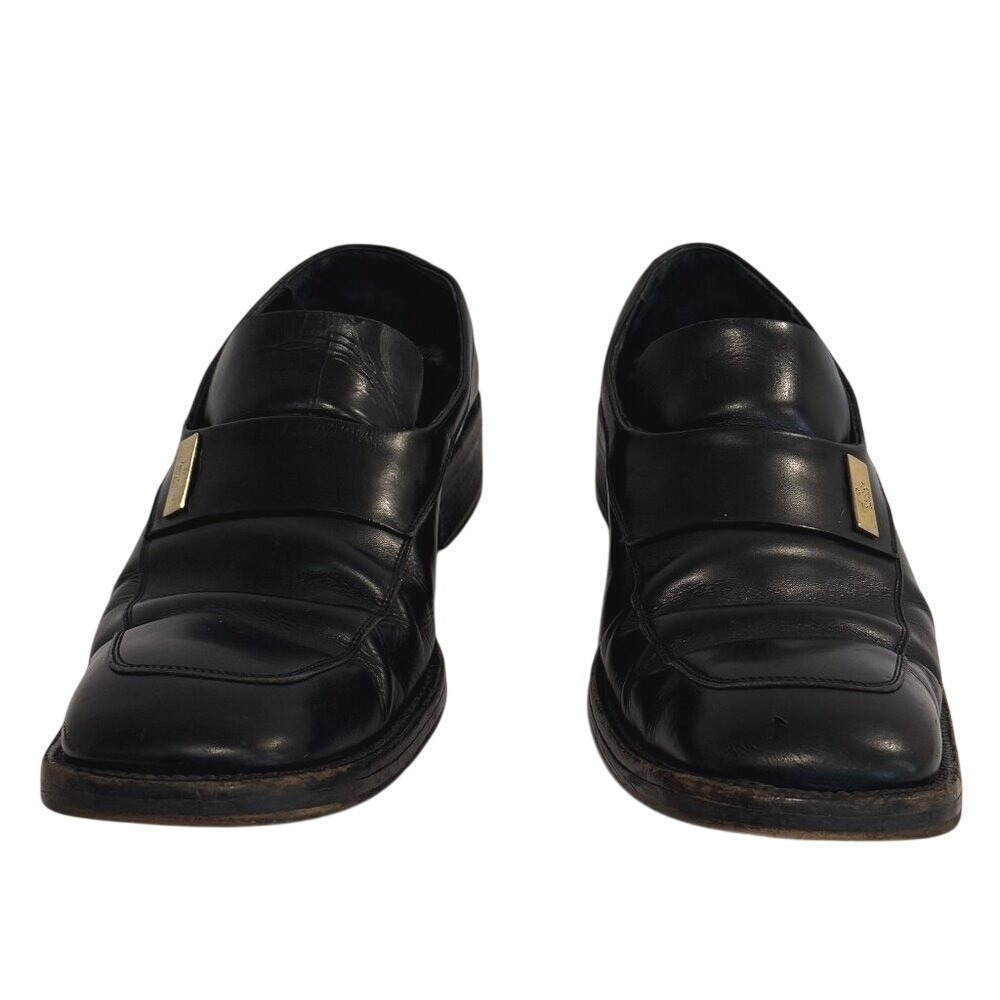 Gucci Black Leather Loafers Gold Logo Plate Square Toe Made in Italy Size 10.5 D